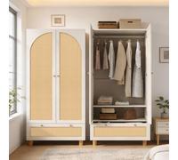 Yihomfy Armoire De Chambre, Armoire en Rotin à 2 Portes avec Grand Tiroir, éTagèRes RéGlables en Hauteur Et Tringle à VêTements, Anti-Basculement 180 X 85 X 52 Cm (Blanc+ tressage, 180cm)