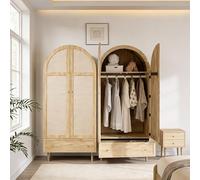 Yihomfy Armoire De Chambre, Armoire en Rotin à 2 Portes avec Grand Tiroir, éTagèRes RéGlables en Hauteur Et Tringle à VêTements, Anti-Basculement 180 X 85 X 52 Cm (Chêne, 175cm)