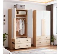 Yihomfy Armoire De Chambre, Armoire en Rotin à 2 Portes avec Grand Tiroir, éTagèRes RéGlables en Hauteur Et Tringle à VêTements, Anti-Basculement 180 X 85 X 52 Cm (Naturel + Blanc, 170cm)