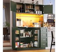 Yihomfy Armoire de Cuisine 120 x 40 x 188 cm, Haute Buffet, vitrine, avec étagères réglables, Buffet avec éclairage LED, 4 Portes et 2 Tiroirs, Couleurs de lumière Variables (Vert-12D)