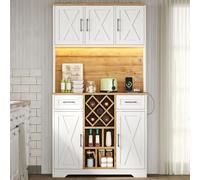 Yihomfy Buffet Cuisine 180x105x40 cm avec LED RGB et Prise USB, Meuble de Rangement avec Cave à Vin et Vitrine, Armoire de Cuisine Style Grange, Blanc