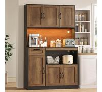 Yihomfy Buffet Cuisine Armoire Haute 110×40×180 cm, Rangement avec LED RGB, Prises 2AC+2USB, 6 Portes, 1 Tiroir, Bois Vintage, pour Cuisine et Salle à Manger