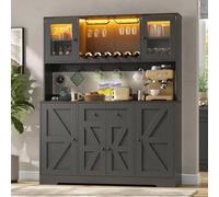 Yihomfy Buffet Cuisine Armoire Haute 140×40×173 cm, LED RGB, Prises 2AC+2USB, Portes Verre Acrylique, Casier Vin, 5 Crochets, Cuisine et Salle à Manger, Noir