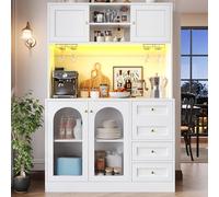 Yihomfy Buffet de Cuisine 4 Portes, Vitrine avec LED et Porte-Bouteilles, Meuble de Rangement Style Campagnard, Anti-Basculement,120x40x188 cm (Blanc)