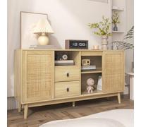 Yihomfy Buffet Salon, 155x38x80 cm Sideboard Respirant, Buffet Salle a Manger Robuste, avec 3 Portes Coulissantes en Rotin, 2 Tiroirs, avec Pieds en Bois Massif, pour Salon (B)