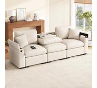 Yihomfy Canapé 3 Places 242 cm Grand Canapé Confortable, avec Coussins et Accoudoirs Rangement, 2 Porte-Gobelets, Chenille Canapes 3 Places Cloud avec Table Rabattable Multifonctionne,Beige