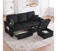 Yihomfy Canapé 3 Places avec Repose Pied Rangement, Canapé d'angle Modulable avec 2 Tiroirs, Porte-gobelets et Poches latérales, Canape en Velours Côtelé, pour Salon Chambre