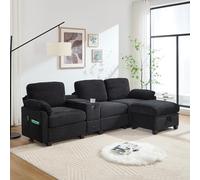 Yihomfy Canapé Convertible, Canapé d'angle avec Console Centrale Amovible-2 Porte-gobelets, Port USB et Type-C, Tiroir, Poches Latérales, Canapé Modulable en Velours Côtelé avec Pouf pour Salon