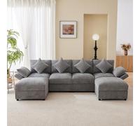 Yihomfy Canapé d'angle convertible, 284 cm canapé modulable 4 places avec pouf et accoudoirs réglables, Grand canapé en forme de U, revêtu de tissu chenille, idéal pour salon et appartement,Gris clair
