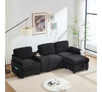 Yihomfy Canapé d'angle Convertible 3 Places en L, canapé modulable en Velours côtelé avec Pouf pour Salon, Console Centrale Amovible avec Espace de Rangement, Port USB/Type-C, 2 Porte-gobelets, Noir