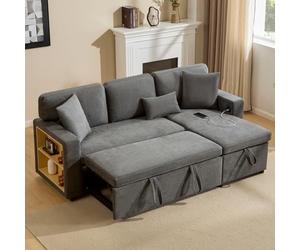 Yihomfy Canape Dangle Convertible, Canapé Convertible avec Rangement et Méridienne Réversible,Poche Latérale, Multifonctionnel Canape Convertible 3 Places Canapé Lit (P-Gris USB)