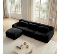 Yihomfy Canapé d'angle en L, Peluche Désossé Canapé 3 Places avec 1 Pouf, Canapés Modulable avec Coussins et Antidérapan, sans Montage, pour Salon (Noir, 3 Sièges + 1 Pouf)