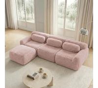 Yihomfy Canapé d'angle en L, Peluche Désossé Canapé 3 Places avec 1 Pouf, Canapés Modulable avec Coussins et Antidérapan, sans Montage, pour Salon (Rose, 3 Sièges + 1 Pouf)
