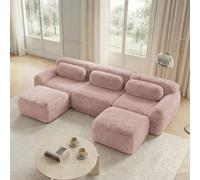Yihomfy Canapé d'angle en U, Peluche Désossé Canapé 3 Places avec 2 Pouf, Canapés Modulable avec Coussins et Antidérapan, sans Montage, pour Salon (Rose, 3 Sièges +2 Pouf)
