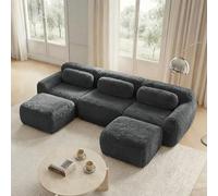 Yihomfy Canapé d'angle en U, Peluche Désossé Canapé 3 Places avec 2 Pouf, Canapés Modulable avec Coussins et Antidérapan, sans Montage, pour Salon (Gris, 3 Sièges +2 Pouf)