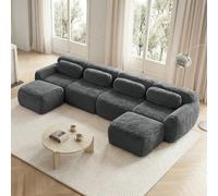 Yihomfy Canapé d'angle en U, Peluche Désossé Canapé 4 Places avec 2 Pouf, Canapés Modulable avec Coussins et Antidérapan, sans Montage, pour Salon (Gris, 4 Sièges +2 Pouf)