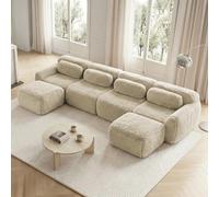 Yihomfy Canapé d'angle en U, Peluche Désossé Canapé 4 Places avec 2 Pouf, Canapés Modulable avec Coussins et Antidérapan, sans Montage, pour Salon (Kaki Clair, 4 Sièges +2 Pouf)