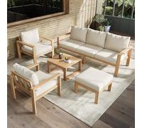 Yihomfy Canapé de Jardin Exterieur 4-6 Places en Acacia, Salon d'Extérieur Modulable avec Table Basse, Tabouret Pouf et 2 Fauteuils pour Balcon Terrasse