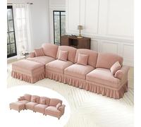 Yihomfy Canapé Modulable d'angle Forme de L Style Moderne,Grand Canapé 2/3/4/5 Places en Chenille&Assise Profonde,Coussins et Jupe Amovible pour Salon (Rose, 4 Places + 1 Pouf)
