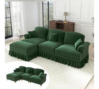 Yihomfy Canapé Modulable d'angle Forme de L Style Moderne,Grand Canapé 2/3/4/5 Places en Chenille&Assise Profonde,Coussins et Jupe Amovible pour Salon (Vert, 3 Places + 1 Pouf)