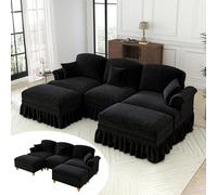 Yihomfy Canapé Modulable d'angle Forme de L Style Moderne,Grand Canapé 2/3/4/5 Places en Chenille&Assise Profonde,Coussins et Jupe Amovible pour Salon (Noir, 3 Places + 2 Poufs)