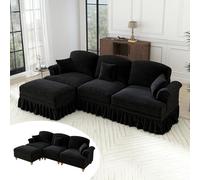 Yihomfy Canapé Modulable d'angle Forme de L Style Moderne,Grand Canapé 2/3/4/5 Places en Chenille&Assise Profonde,Coussins et Jupe Amovible pour Salon (Noir, 3 Places + 1 Pouf)
