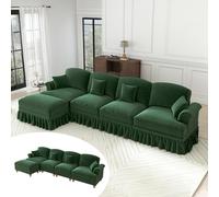 Yihomfy Canapé Modulable d'angle Forme de L Style Moderne,Grand Canapé 2/3/4/5 Places en Chenille&Assise Profonde,Coussins et Jupe Amovible pour Salon (Vert, 4 Places + 1 Pouf)
