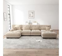 Yihomfy Canapé Modulable Moderne Cloud avec Pouf,Canapé d'angle 2/3/4/5 Places en Chenille avec Assise Profonde et Coussins,Idéal pour Le Salon,La Chambre ou Un Appartement (Beige, 4 Places + 2 Pouf)