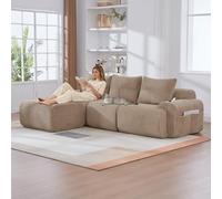 Yihomfy Canapé Modulaire en Velours Corde, Canapé d'angle en Forme de L, Configuration Libre, avec Porte-Gobelet et Poches Latérales, Canapé Cloud pour Salon (Khaki, 3 Sièges+1 Tabouret)