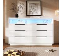 Yihomfy Commode Chambre 6 Tiroirs avec éclairage LED, Armoire de Rangement, Meuble à Vêtements, Beaucoup d'espace de Rangement pour Salon, Salle à Manger, 40x120x85cm, Style Moderne (Blanc-43W)