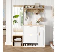 Yihomfy Ensembles 4 en 1 de Meuble D’Entree 130x30x174cm,Porte-Manteau, Miroir, Tabouret à Chaussures, Rangement Chaussure, 1 Tiroirs, 4 Crochets, Étagère Ouverte, pour Couloir (Blanc-13W)