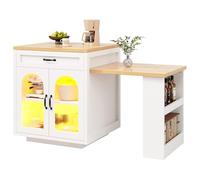 Yihomfy Îlot Central Cuisine avec Plan de Travail Extensible, Table de Bar avec Rangement, Table à Manger avec 2 Tiroir, Éclairage LED, Etagères Réglables (Blanc)