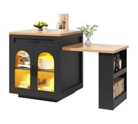 Yihomfy Îlot Central Cuisine avec Plan de Travail Extensible, Table de Bar avec Rangement, Table à Manger avec 2 Tiroir, Éclairage LED, Etagères Réglables (Noire)