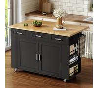 Yihomfy Îlot Central de Cuisine Mobile avec Plan de Travail Pliable, Chariot de Cuisine avec Rangements et Prises, Meuble de Service avec Poubelle Intégrée, 120x70x84 cm, Noir