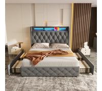 Yihomfy Lit 140 X 190 avec Sommier 4 Tiroirs De Rangement, Tête De Lit Rembourrée avec éclairage LED Et Station De Recharge USB, Cadre De Lit en Métal, Silencieux (Gris, 140 x 190 cm)