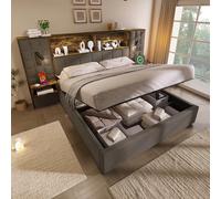 Yihomfy Lit Coffre avec Sommier à Lattes avec USB,Lit Double avec 4 Tiroirs,2 Tables de Chevet,Lampe de Lecture,pour 2 Adultes et Adolescents (Gris-a, 180 × 200 cm)