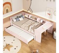 Yihomfy Lit Gigogne 90x200 avec gigogne 90x180, lit d'angle à 1 Place avec Bureau, Trois étagères à côté du lit, Compartiment de Rangement latéral, sans Matelas