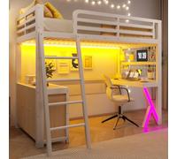 Yihomfy Lit Mezzanine 90 x 200 cm Blanc avec Bureau, étagères et échelle | Garde-corps sur les quatre côtés, échelle inclinée et charge annoncée jusqu'à 120 kg.