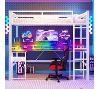 Yihomfy Lit Mezzanine Adolescent 90×200 cm, Lit Superposé Enfant en Métal avec Éclairage LED et Station Charge, Bureau Intégré à Double Couche et Crochet, Échelle et Protection Anti-Chute, Blanc-A