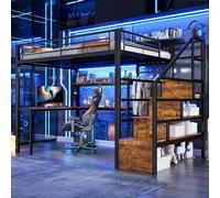 Yihomfy Lit Mezzanine avec LED 140x200cm, Lit Simple avec Cadre en Fer avec Bureau et 2 tiroirs, Lit avec Compartiment de Rangement et Grille Suspendus, escalier de Rangement, sans Matelas (Noir-06B)