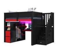 Yihomfy Lit Mezzanine Gaming en Bois 140x200 avec Bureau, rangements Multi-Niveaux, éclairage LED, Port de Chargement USB et escalier Noir avec rangements intégrés. (Noir-G, 140×200 CM)