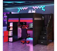 Yihomfy Lit Mezzanine Gaming en Bois 140x200 avec Bureau, rangements Multi-Niveaux, éclairage LED, Port de Chargement USB et escalier Noir avec rangements intégrés. (Noir-G, 140×200 CM)