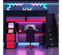 Yihomfy Lit Mezzanine Gaming en Bois 140x200 avec Bureau, rangements Multi-Niveaux, éclairage LED, Port de Chargement USB et escalier Noir avec rangements, Noir et Rouge(Q-Black-140×200 cm)