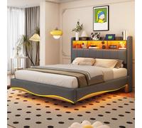 Yihomfy Lit Rembourré 140 X 200 Cm Lit Double avec Sommier Flottant, Cadre De Lit 140x200cm avec éClairage LED Et 2 Prises Ca & 2 Ports USB, avec Rangement, Tissu en Lin, Gris