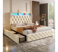 Yihomfy Lit Rembourré 140x190 Cm avec éClairage LED Et Prise USB, TêTe De Lit avec éTagèRes Et Espace De Rangement, Lit Double Plat avec 4 Tiroirs, RevêTement en Velours (Blanc)