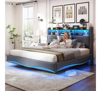 Yihomfy Lit Rembourré 160 X 200 Cm Lit Double avec Sommier Flottant, Cadre De Lit 160x200cm avec éClairage LED Et 2 Prises Ca & 2 Ports USB, avec Rangement, Tissu en Lin, Gris