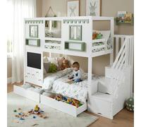 Yihomfy Lit Superposé Enfant 2 Places et Tableau Noir Lit Enfant 90x200cm avec Rangement avec Barrières, Lit Mezzanine Étagères Blanc et Vert