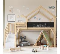 Yihomfy Lit Superposé Enfant 90 x 200cm, Lit cabane avec Tableau Noir et Escalier avec rangements, Barrière de sécurité, Cadre en Bois Robuste, Conception Peu encombrante, san Matelas, Nature-K