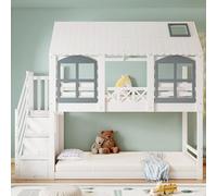 Yihomfy Lit Superposé Enfant 90x200, Lit Cabane en Pin avec Fenêtre, Escaliers de Rangement et Barrière de Sécurité, Structure Pin Renforcée, Gain de Place pour Garçon et Fille, Blanc-F