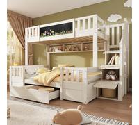 Yihomfy Lit Superposé Enfant avec Planche à Dessin, Lit Adolescent 2 Places avec Tiroirs sur roulettes, Étagères Ouvertes, Escalier de rangements, Barrières de sécurité, 90 et 140 x 200cm, Blanc-K